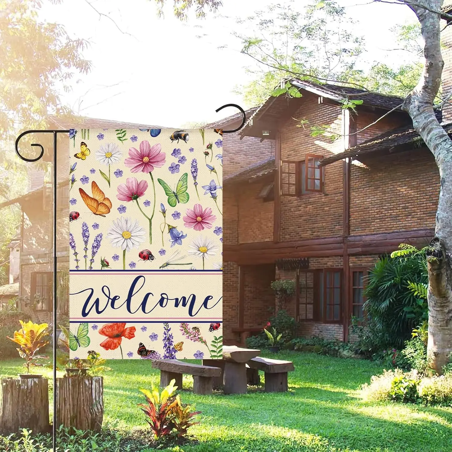 HOMFREEST Welcome Floral Garden Flag 12x18 Inch Double Sided Burlap Outside Spring Summer Butterfly Decorative Small Flag Ya LLE