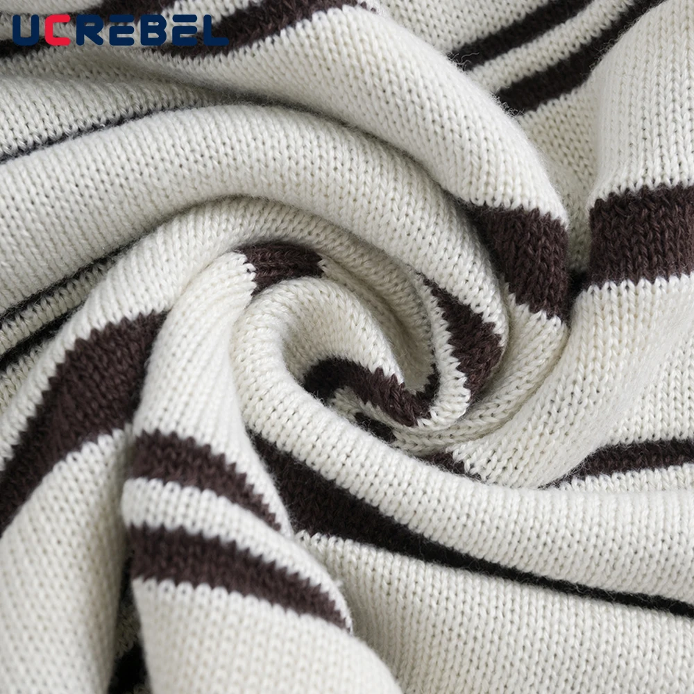 Striped Lapel Sweater Mens Letter Embroidery Retro Autumn Winter Streetwear Long Sleeve Loose Knitted Pullover Man