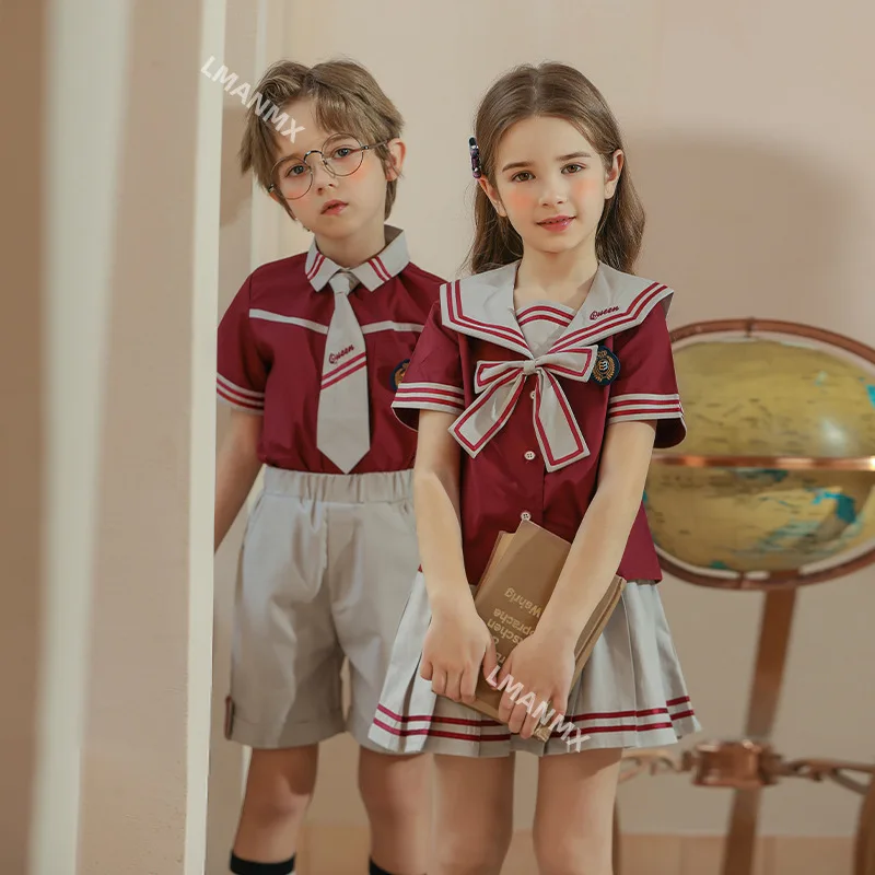 子供のための日本の縞模様の制服,セーラーカラーのTシャツ,プリーツスカート,弓の服,学生服,女の子,男の子,ショーツ