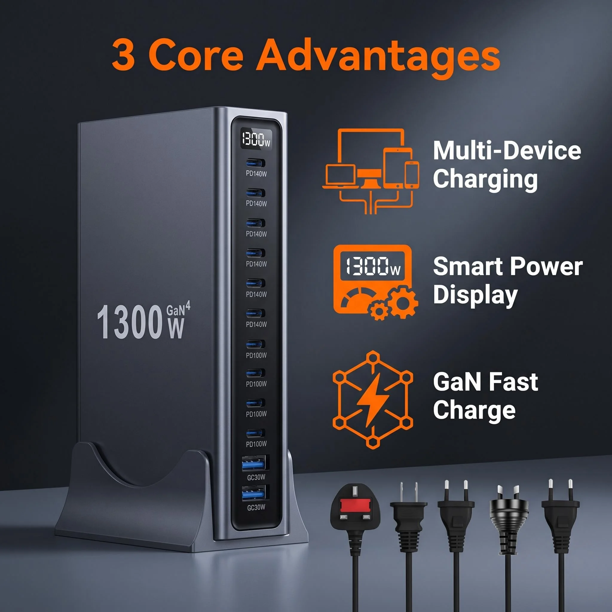 1PC 1200W/1300W Multi-Ports USB Desktop Charger Universal Fast Charging Station for Phones Laptops Tablets And More Fast Charger