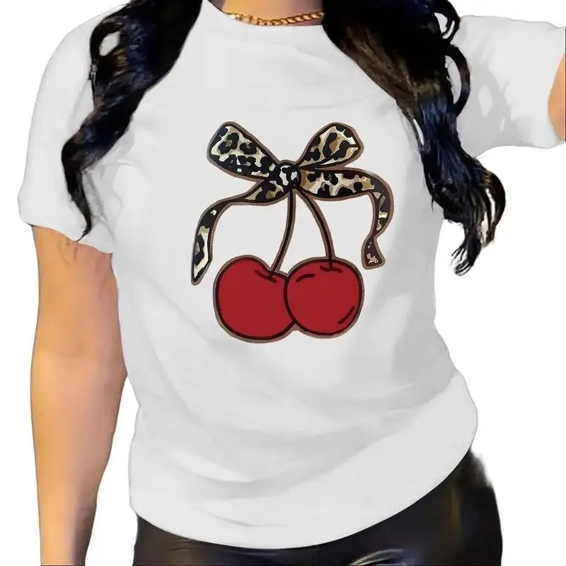 

Trendy Cherry T-shirt for Women Leopard Print Bow Graphic Tee Cute Fruit Print Casual Streetwear