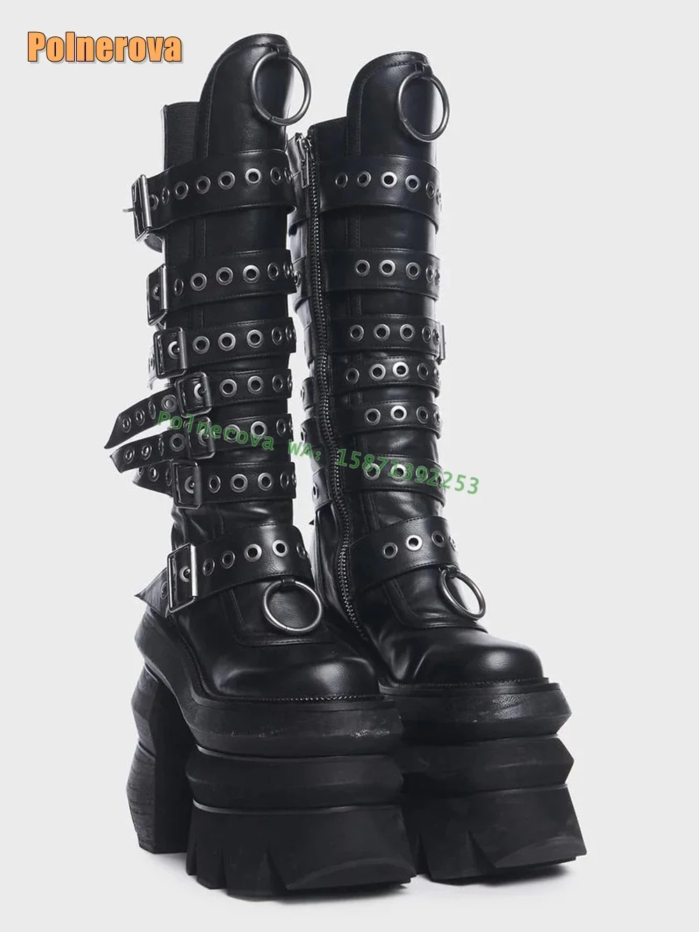 حزام مشبك منصة سميكة وحيد Y2K فارس الأحذية جولة تو الارتفاع زيادة زخرفة المعادن فاسق الركبة عالية التمهيد 2024 الشتاء