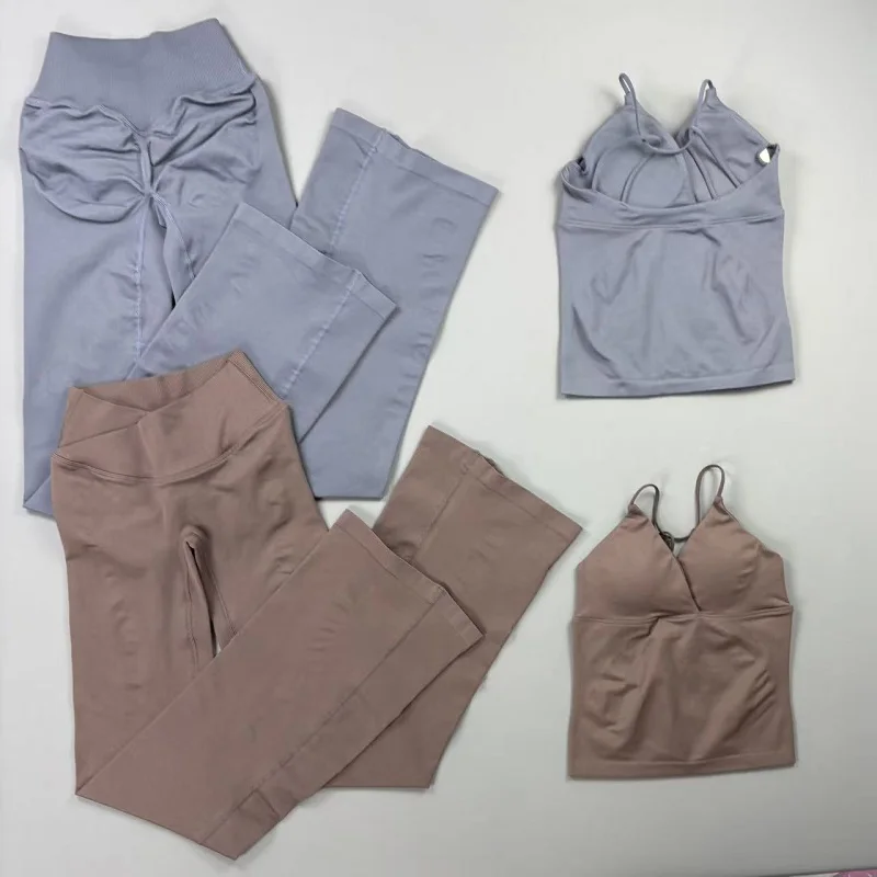2-teiliges Sportset für Damen: Nahtlose Cross-Tummy-Control-Schlaghose und Twist-Front-Langline-Top – Yoga-Workout-Anzug für Fitness – Detail 6