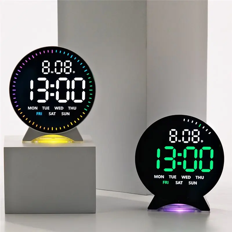 AA08-LED Digital Alarm Clock Week Date Second Hand Display Brightness Adjustable 2 Alarms Table Ambient Light 12/24H Clock
