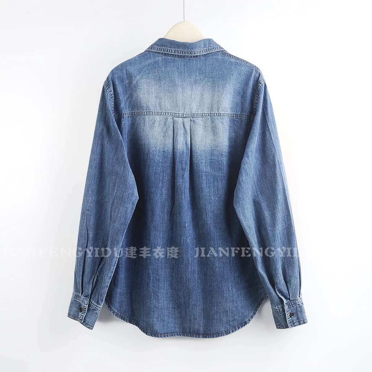 Autumn Women Vintage Blue Long Denim Shirt Jacket Flower Embroidery Lapel Single-Breasted Long Sleeve Female Jeans Jacket Coat