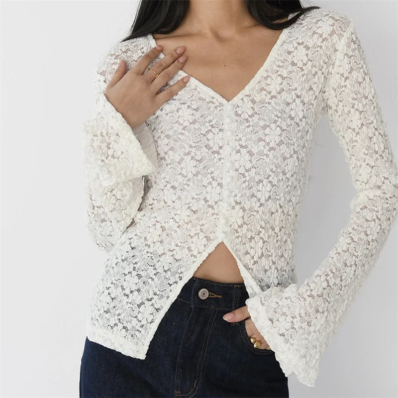 Women's Sexy Flare Sleeve V Neck Lace Top Summer Blouse See-through Beach Blusa Lace Bikini Cover Up Swimsuit Sunscreen Cape