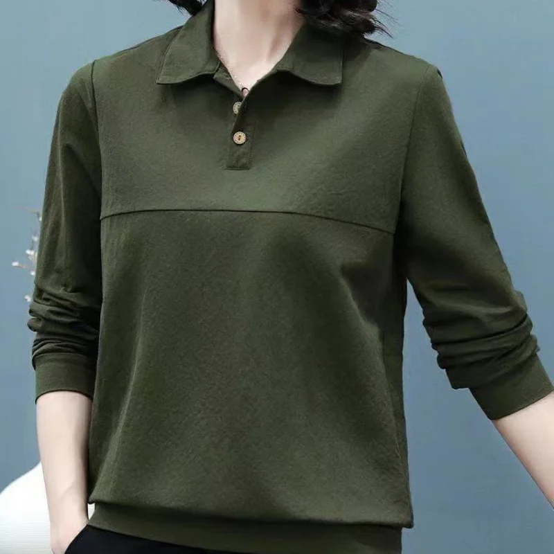 Commuter Versatile Women\'s Clothing Autumn and Winter New Spliced Buttons POLO Collar Long Sleeve Temperament Pullover Shirt