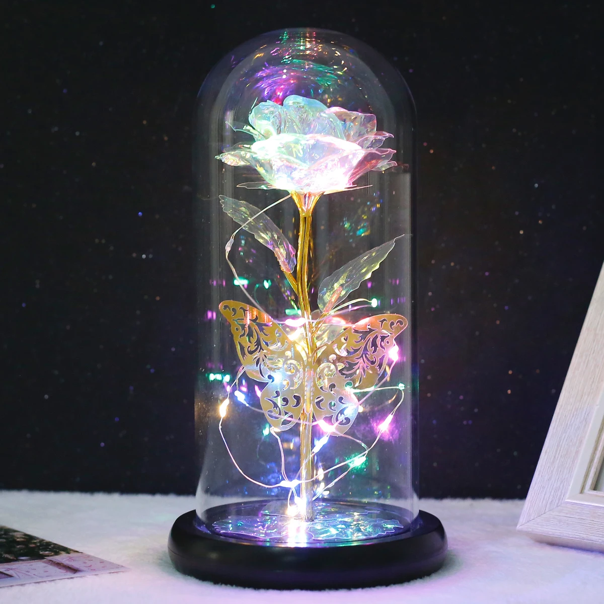 Rose Light Artificial Galaxy Rose Lamp with Butterfly and Colorful Rose Flower LED Light Artificial Flower Gift for Women Girls