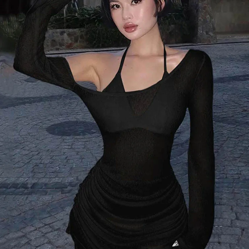 솔리드 스큐 칼라 셔링 스트랩 레이스 업 드로우 스트링 미니 드레스를 통해 볼 2025 여름 여성 파티 Clubwear 도매