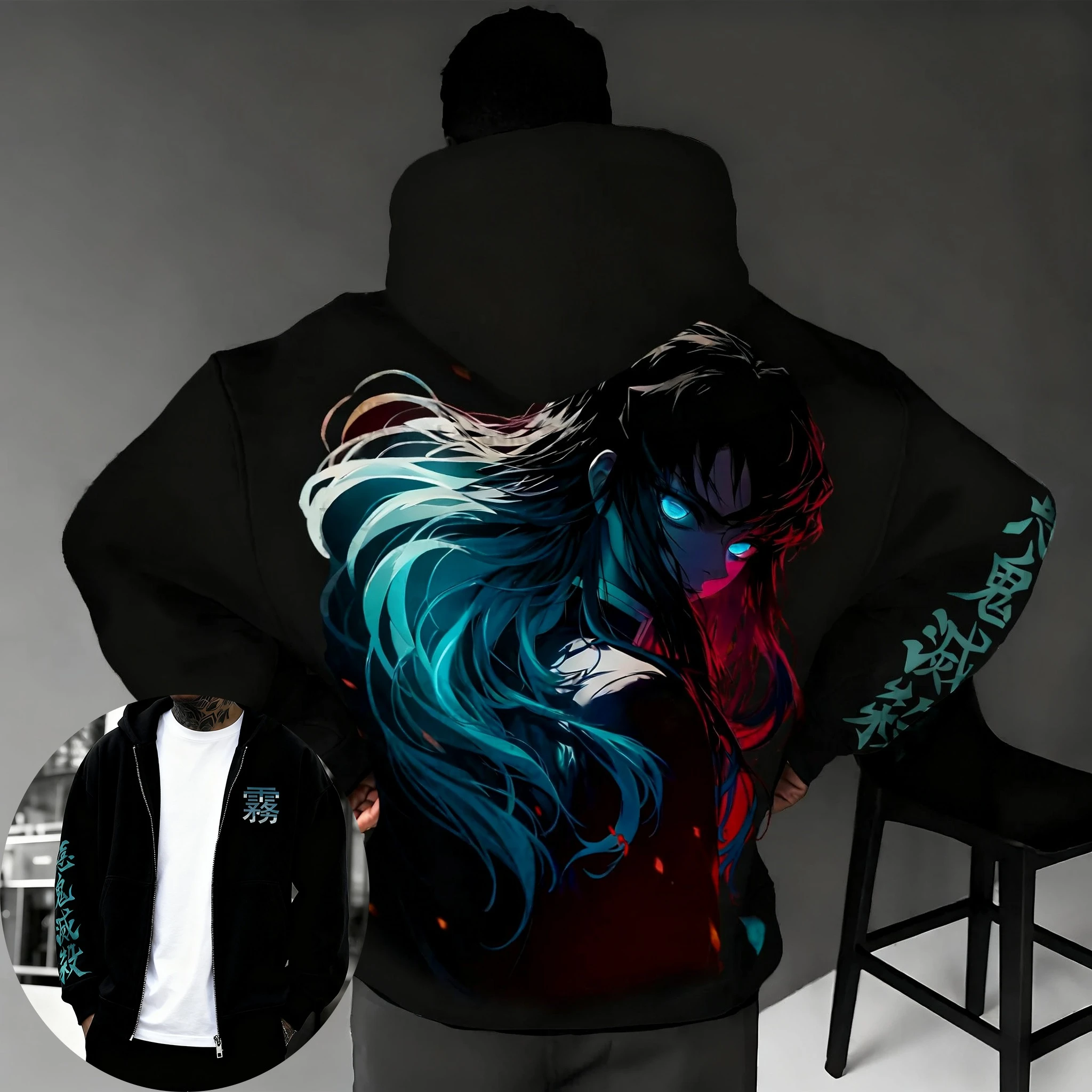 Demon Slayer Anime Tokitou Muichirou Pullover Ritsleting Bermotif Pria Musim Gugur/Dingin Baru Harajuku Serbaguna Kasual Sweater Longgar Atasan