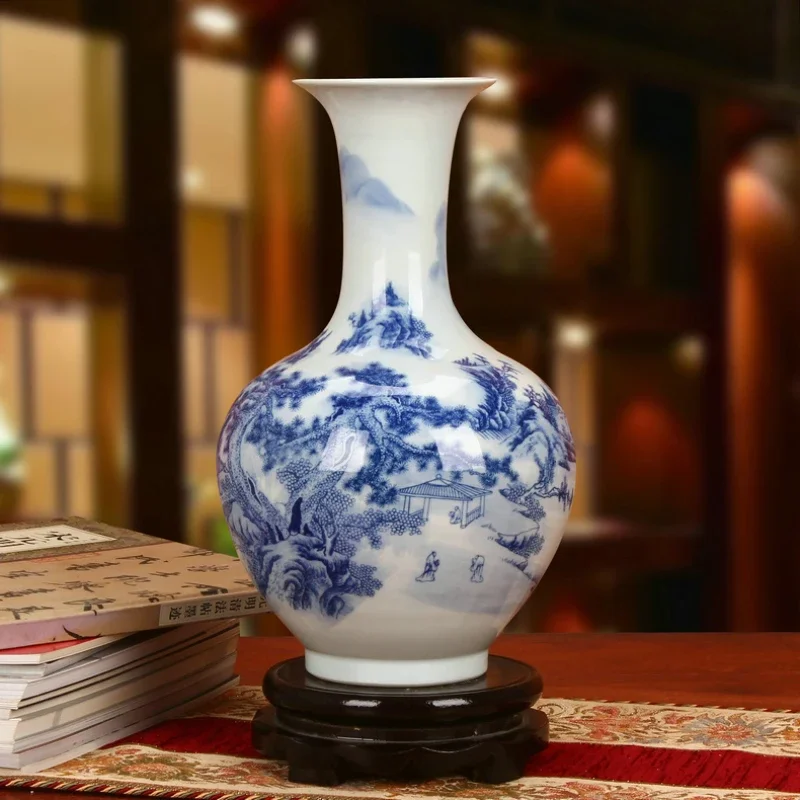 New Arrivals Jingdezhen Ceramics Classical Landscape Blue And White Porcelain Vases Modern Chinese Home Living Room Decoration