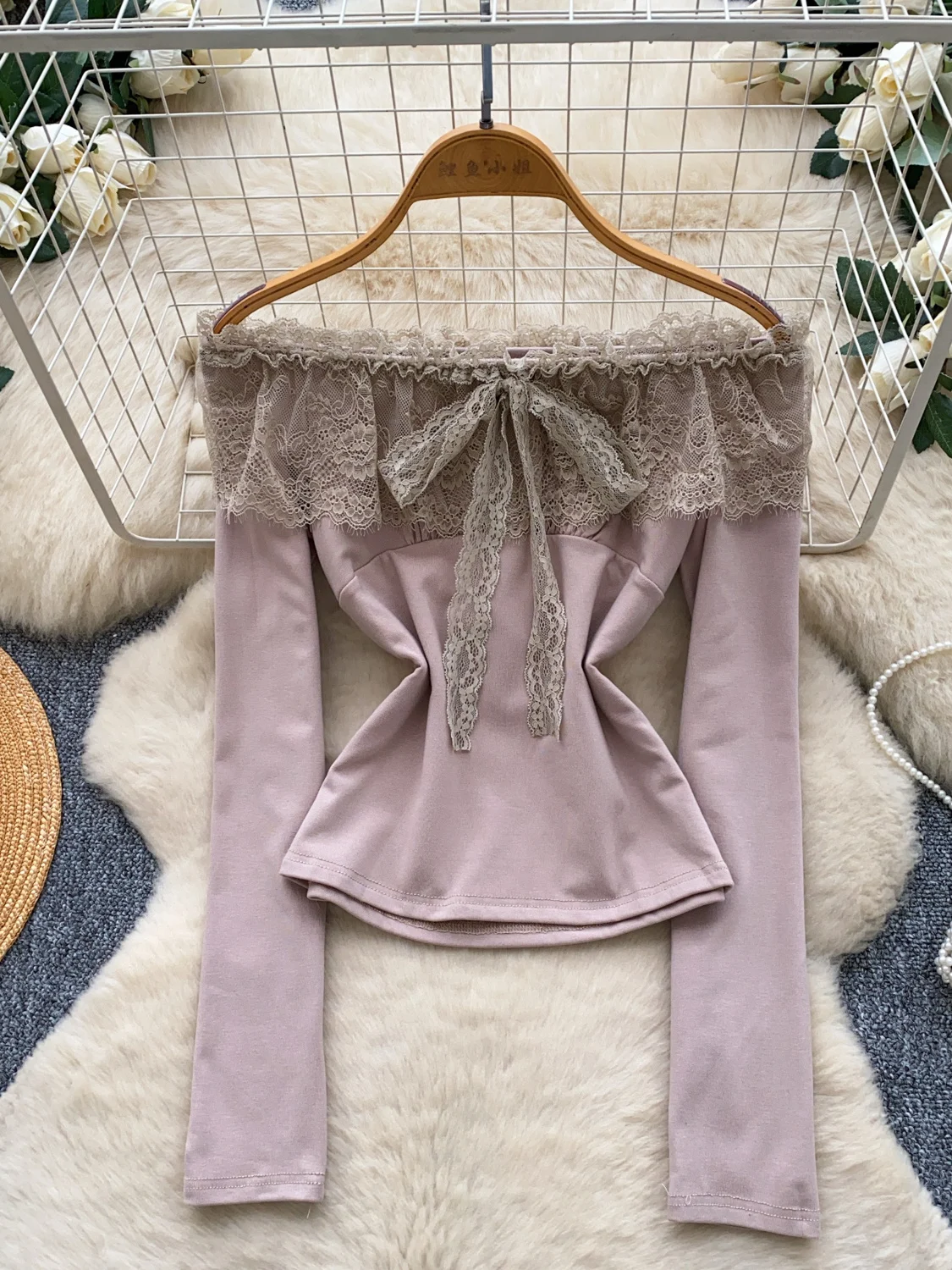 Elegant Lace Splice Long Sleeve Shirt Women's Slim Fit Shoulder Bared Hemming Autumn Fashion Casual Shirt Ladylike Style