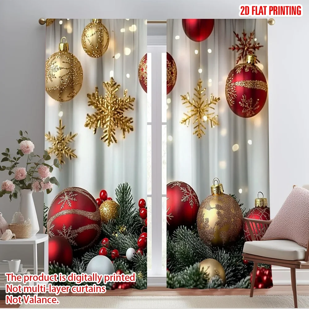 2pcs 2D flat printing Curtain Red and Gold Ball Pine Branch Snowflake Polyester Without Electricity 0 for Multipurpose Event