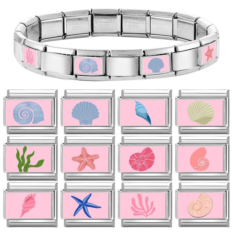 Y2K Pink Christmas Ocean Starfish Shells Italian Charm Link Fit 9mm Stainless Steel Jewelry DIY Making Bracelet Gifts