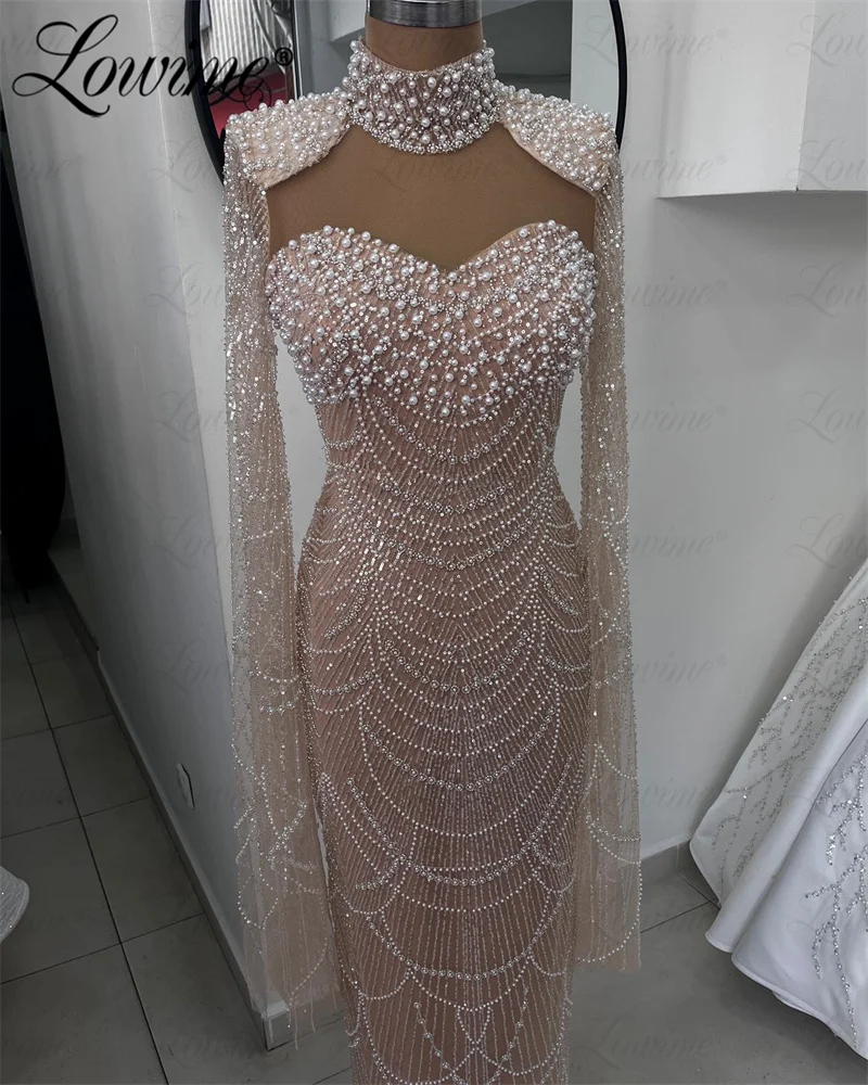 Robes De Soirée 2024 Customize Cape Sleeve Beaded Evening Dresses Pearls Women Formal Dubai Arabic Prom Dress Mermaid Party Gown