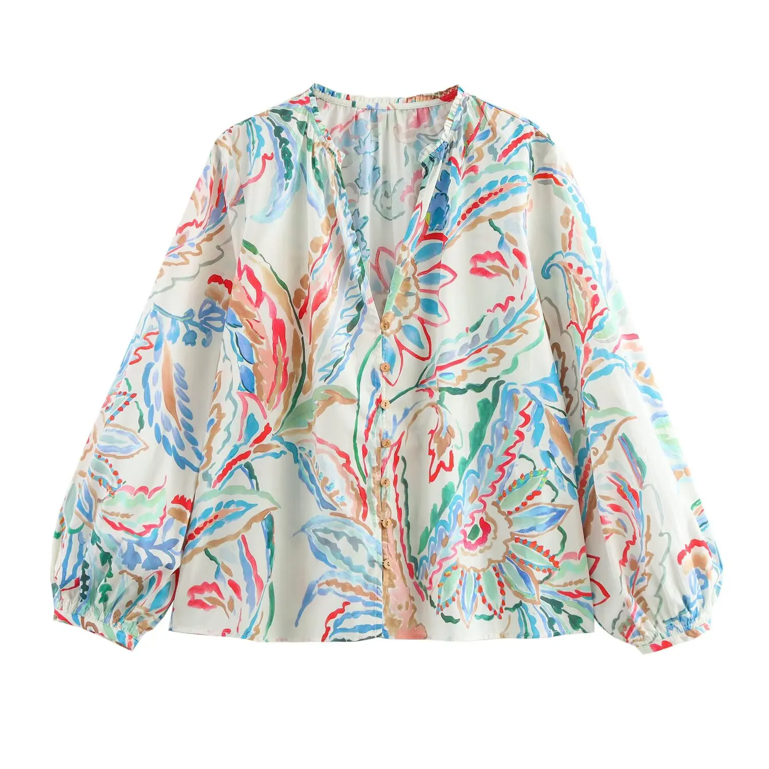 

Vintage Flower Print Shirts Women Casual Loose V Neck Long Lantern Sleeve Thin Tops Blouses Female 2025 New Summer Fashion Tops