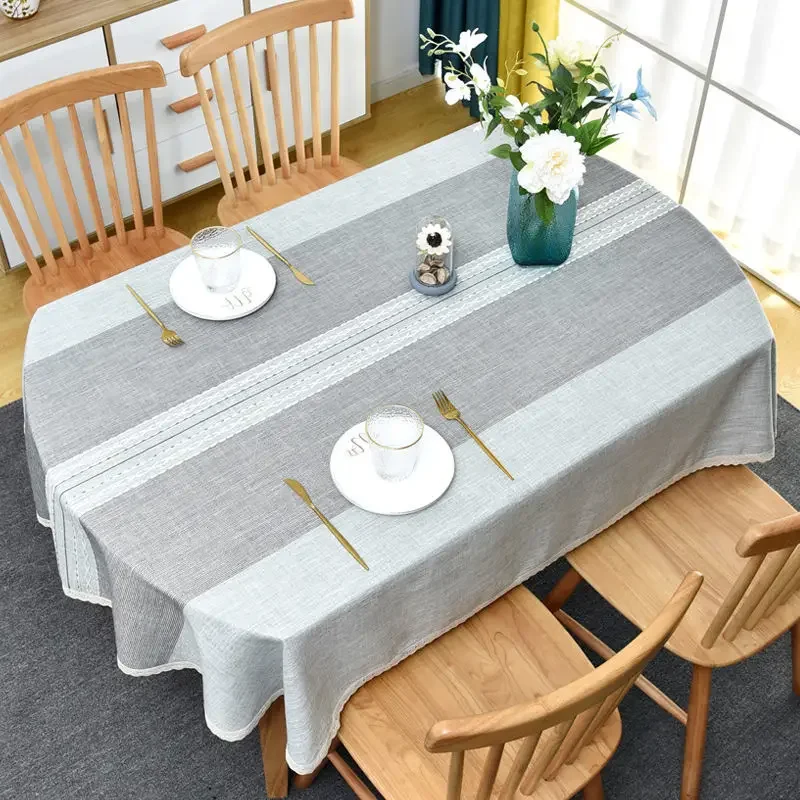 Tablecloth Oval 200cm Stripe Linen Table Cover Rustic Farmhouse Home Decorative Ellipse Table Cloth Modern Style Dining Table