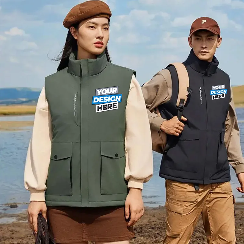 

Повседневный жилет с логотипом по индивидуальному заказу, жилет для тела, мужской однотонный жилет на молнии с карманом без рукавов и v-образным вырезом, женский жилет, топ HM-5200