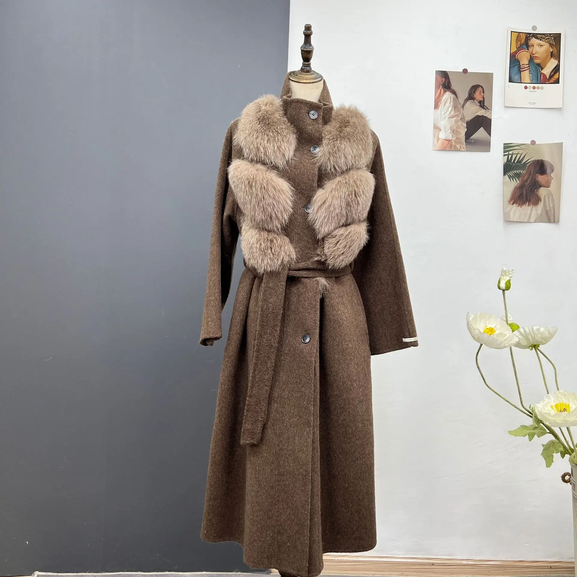 Wuhuang's new autumn and winter wool double-sided coat for women, long style real fur fur stand collar woolen coat,