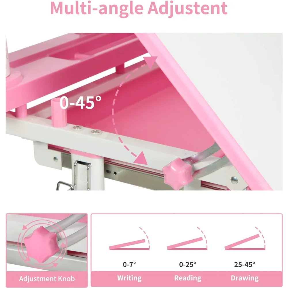 Altura ajustável Study Desk com Tilt Desktop, gancho de metal, gaveta de armazenamento para crianças, rosa, escola, meninos, meninas