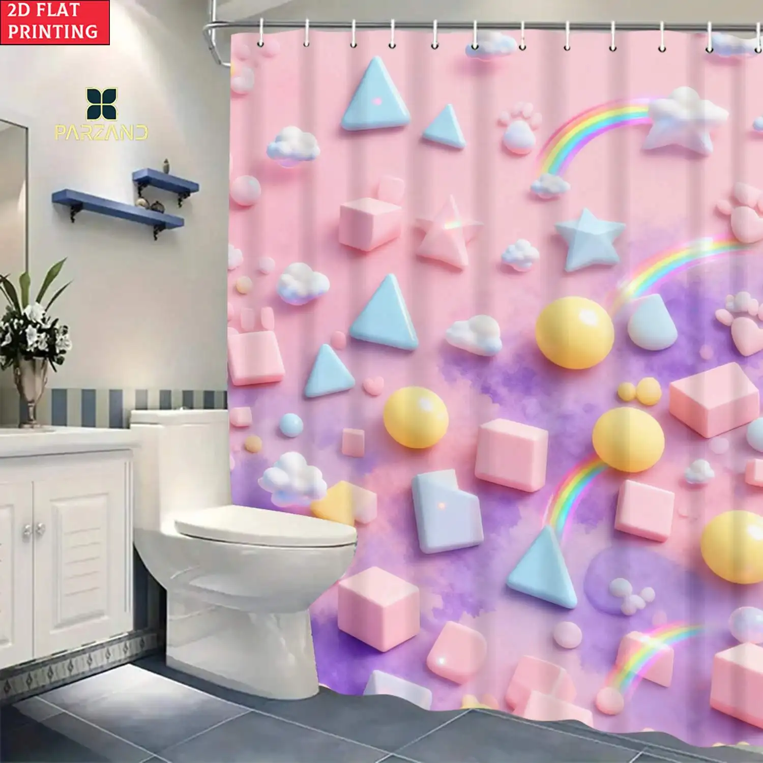 Kids Pastel 3D Shape Shower Curtain, Rainbow Cloud Triangle Cube Star Art Print, Machine Washable Bathroom Shower Decor Curtain