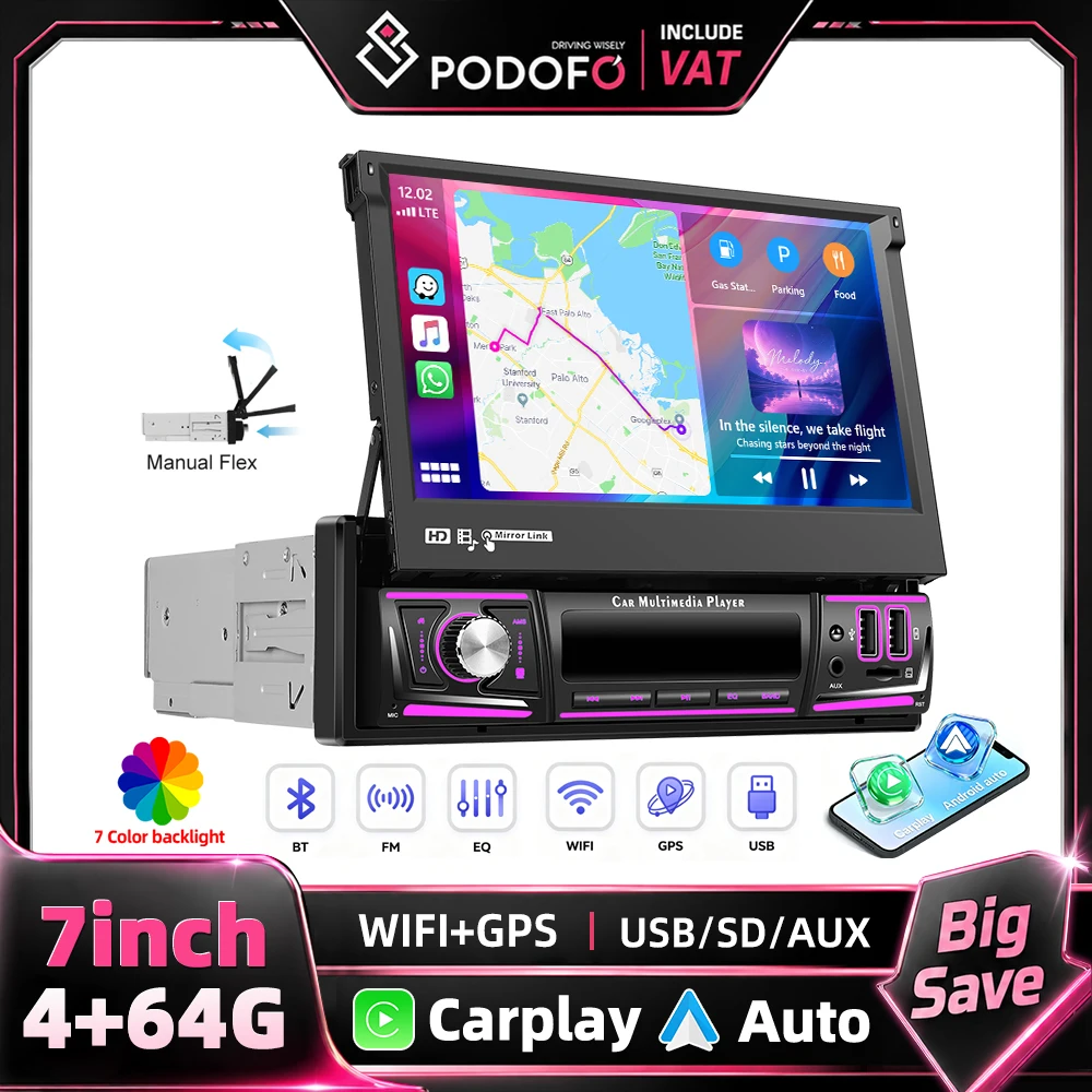 Reproductor Multimedia Android Podofo 1 Din de 7 Pulgadas, 4+64G, Pantalla Táctil IPS Retráctil Manual, Carplay Inalámbrico, Android Auto, Mirror Link, GPS, WIFI, Pantalla Dividida, Sistema de Audio
