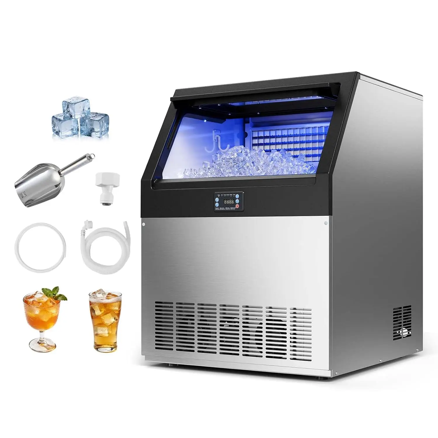

Commercial Ice Maker Machine, 265 lbs/24h with 85 lbs Storage Capacity, Built-in/Freestanding/Under Counter, Stainless Steel Ice