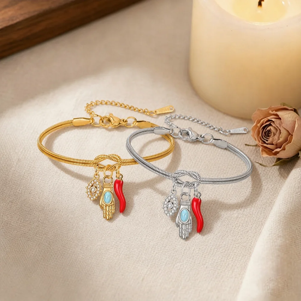 Evil Eye Hamsa Italian Horn Protection Charm Bracelet Mano Cornuto Good Luck Cornicello Protection Amulet Jewelry Gifts