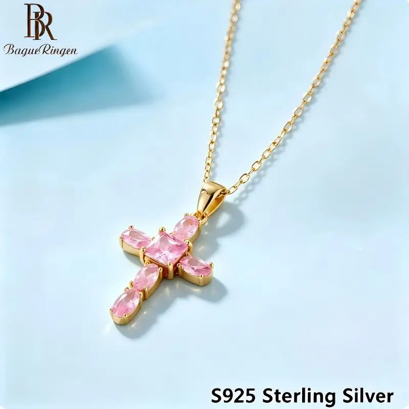 BR S925 Sterling Silver Pink Zircon Cross Necklace For Women Fashion Minimalist Clavicle Chain
