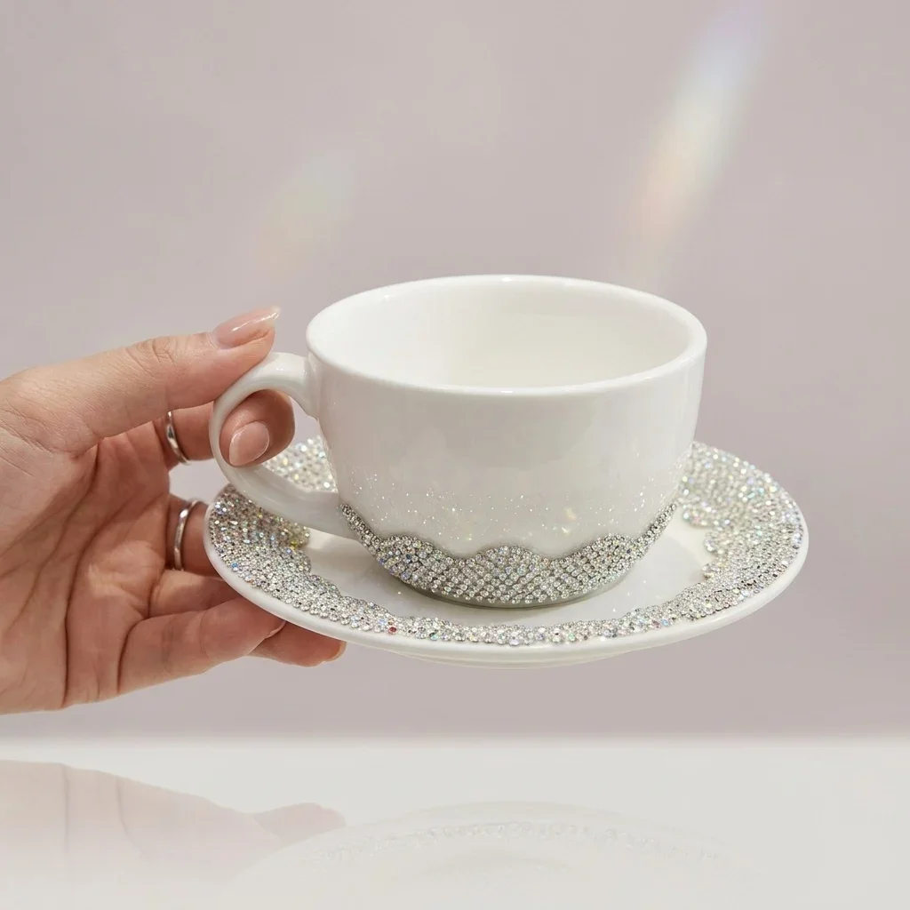 Luxury Sparkling Rhinestone Ceramic Coffee Cup Set with Saucer Afternoon Tea Dessert Plate Milk Cup Tableware Water Bottle Gift