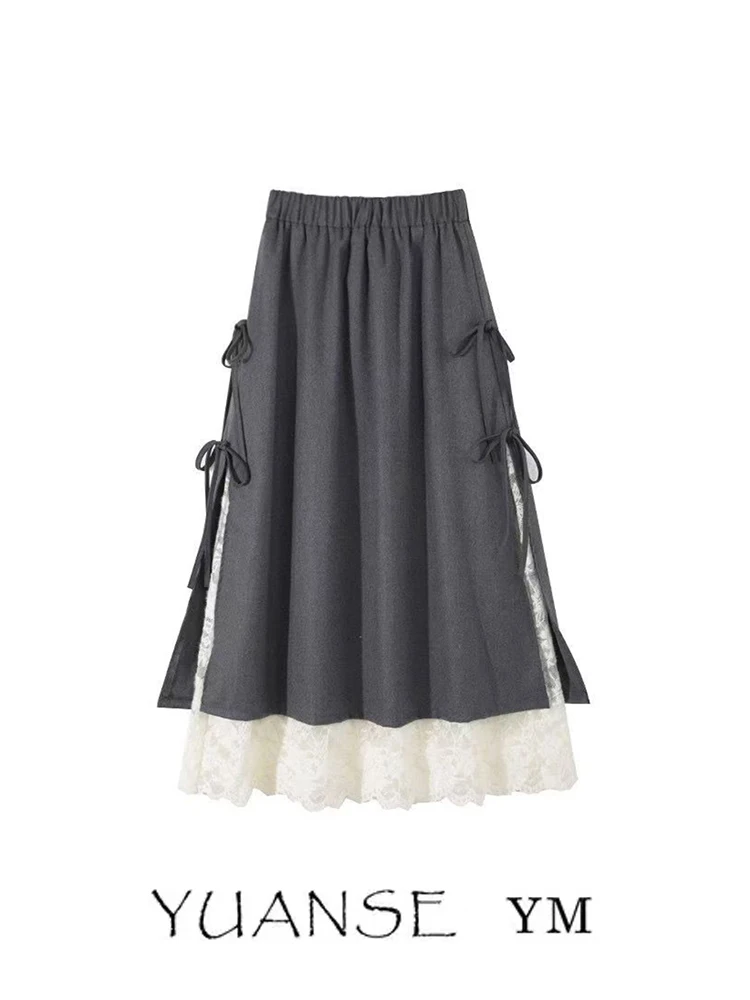 Lace Paneling Hierarchical Sense Slit Bow Tie Half Skirt Women Spring Autumn Design Artistic Temperament Long Skirt