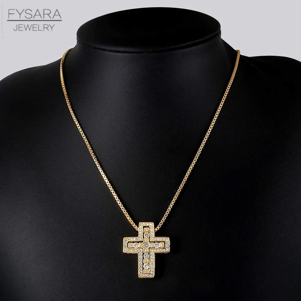 FYSARA Retro Design Crystals Corss Pendant For Men Punk Religious Necklace For Women Clavicle Zircon Jewelry Souvenir Gift