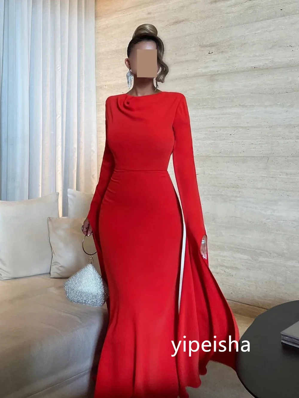 Customized Exquisite Jersey Pleat Mermaid O-Neck Midi Dresses Prom Dresses Modern Style Pastrol Unisex Chinese Style Formal Casu