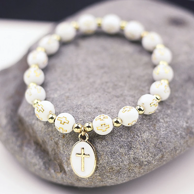 Fashion Stretch Bracelet Cross Pendant Rosary Beads Bracelet Religious Catholic Bracelet Jewelry Travel Souvenir Gift For Girl