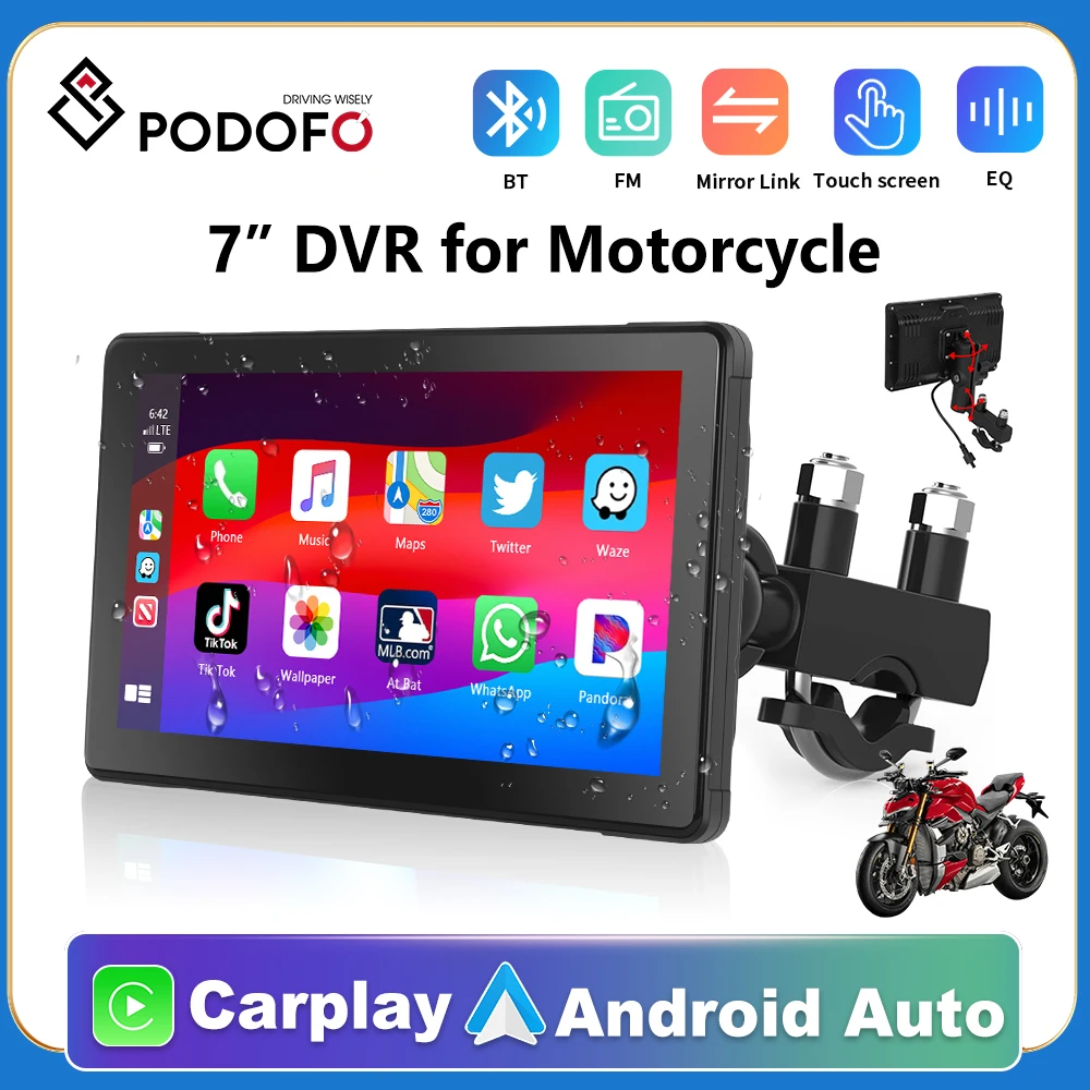 

Podofo Motorcycle Wireless CarPlay Android Auto Player Moto Car DVR Loop Record 7" IPS Monitor BT WiFi IP67 Waterproof