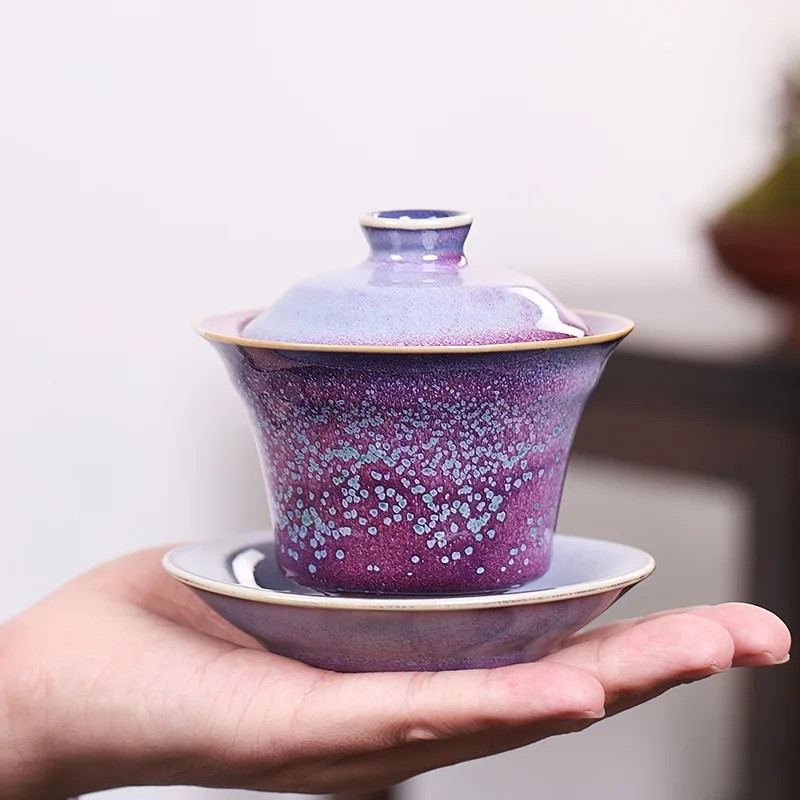 

140ml ceramic Sancai Gaiwan with stripes, color glaze surface, high-end business gifts, home tea set, Kung fu tea bowl