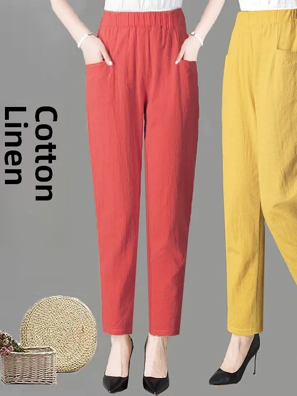 بنطلون هاريم فضفاض رقيق من القطن والكتان للصيف، بنطلون نسائي كاجوال أسود على شكل فانوس، نمط كوري بخصر مرتفع وطول تسعة أرباع