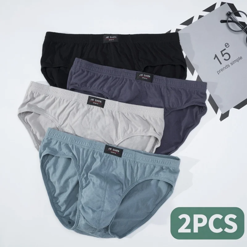2PCS Men's Pure Cotton Briefs Simple Solid Color Comfortable Breathable Underwear Male Plus-Size Loose Underpants XL-5XL