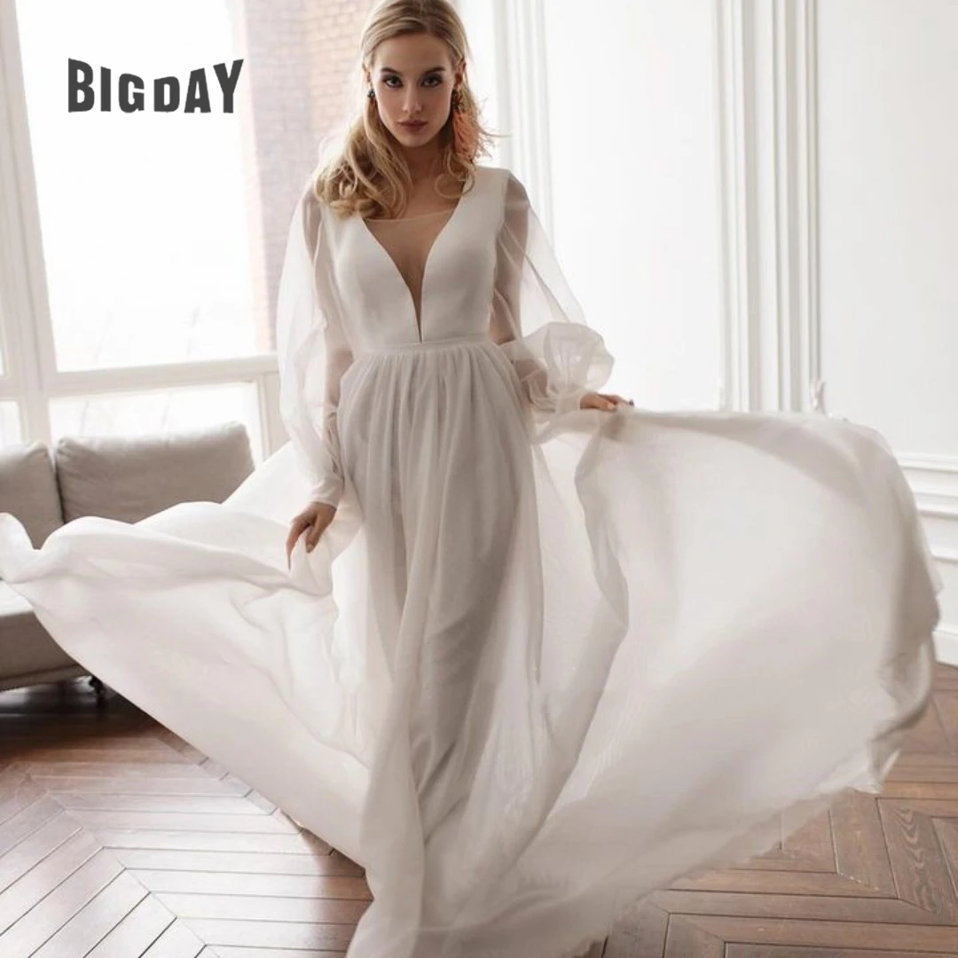 

Simple BoHo Wedding Dress For Woman 2024 Open Back Boat-Neck Full Sleeves Court Train Bride Gowns Sweep Train Vestido Customed