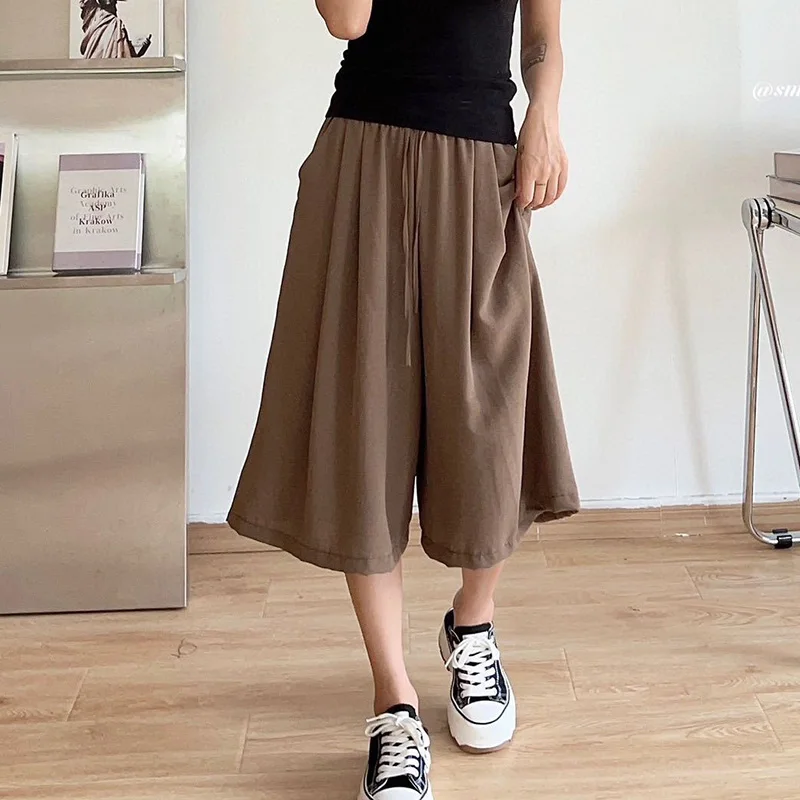 Women knee Length loose Pants Elastic Waist Wide Leg Female Pants 2024 Female Basic Summer Half Pants