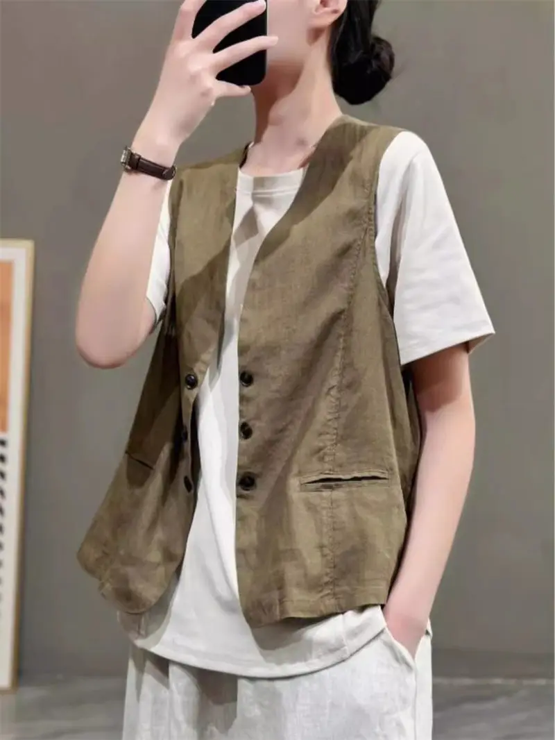 

Cotton Linen Coat 2024 Spring Summer Sleeveless Vest Top Women's Casual V-Neck Jacket K885
