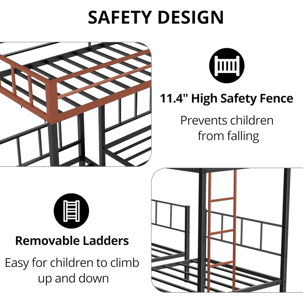 Beliche triplo, beliche duplo de metal sobre beliche duplo e duplo para 3 com guarda-rails, escada e plataforma de cama superior, beliche destacáveis de 3 beliche