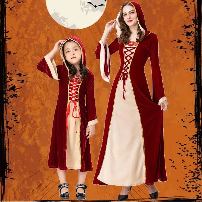 زي تنكري للهالوين على الطراز القروسطي، زي مصاص دماء وساحرة بأكمام طويلة، زي متناسق للأب والطفل، زي ليلى والذئب على الطراز الأ...