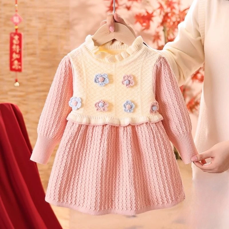 Red Knitted Dress Girls Autumn Winter Princess Dress Toddler Kids Sweater Dress