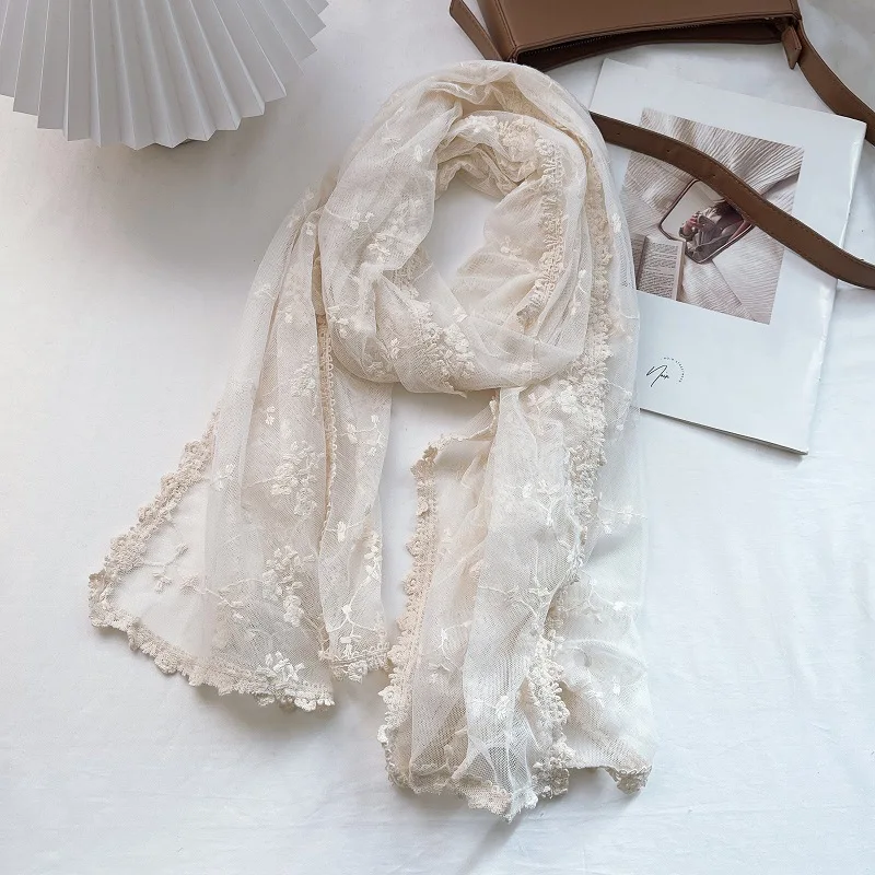 Vintage Hollow Lace Scarf Women\'s Shawl Silk Scarf Transparent White Gauze Embroidered Thin Cotton and Linen Spring and Autumn