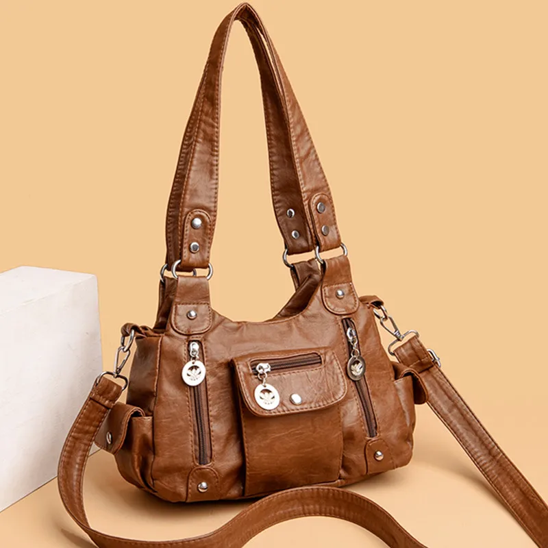 

2023 Soft Leather Handbags for Women Vintage Solid Color Shoulder Bags Luxury Designer Ladies Large Capacity Messenger Tote Sac
