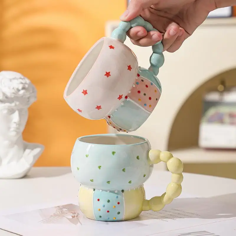 

High Aesthetic Ceramic Coffee Cup Polka Dot Design Breakfast Cup for Home Use Milk Water Oats And Chicken Soup Cup