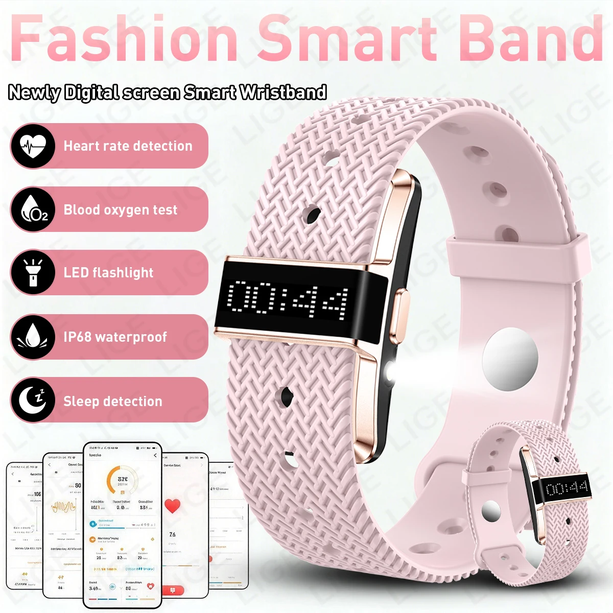 LIGE Fitness Tracker Digital Screen Smart Band Heart Rate Sleep Monitor IP68 Waterproof LED Flashlight Sport Watch for Women Men