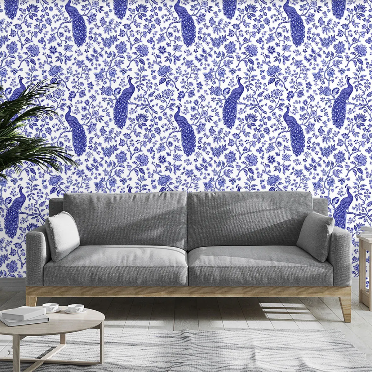 Chinoiserie Peacock Floral Peel and Stick Wallpaper Blue White Self Adhesive Contact Paper for Bedroom Cabinet Renter Apartment