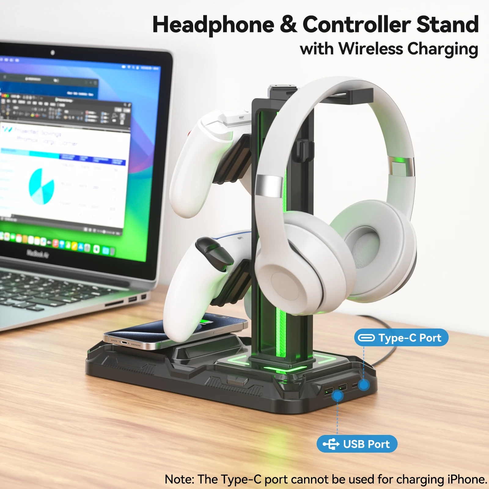 KDD Headphone & Controller Stand with Wireless Charging Rotatable Headset Stand with 9 Light Mode For Gamers Desktop Accessories